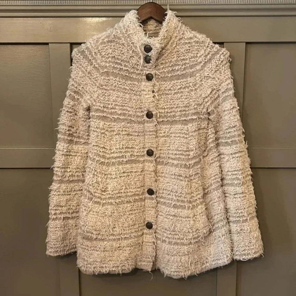Free People Shaggy Knit Sweater Coat Ivory Gray Stripe Button Front Size XS